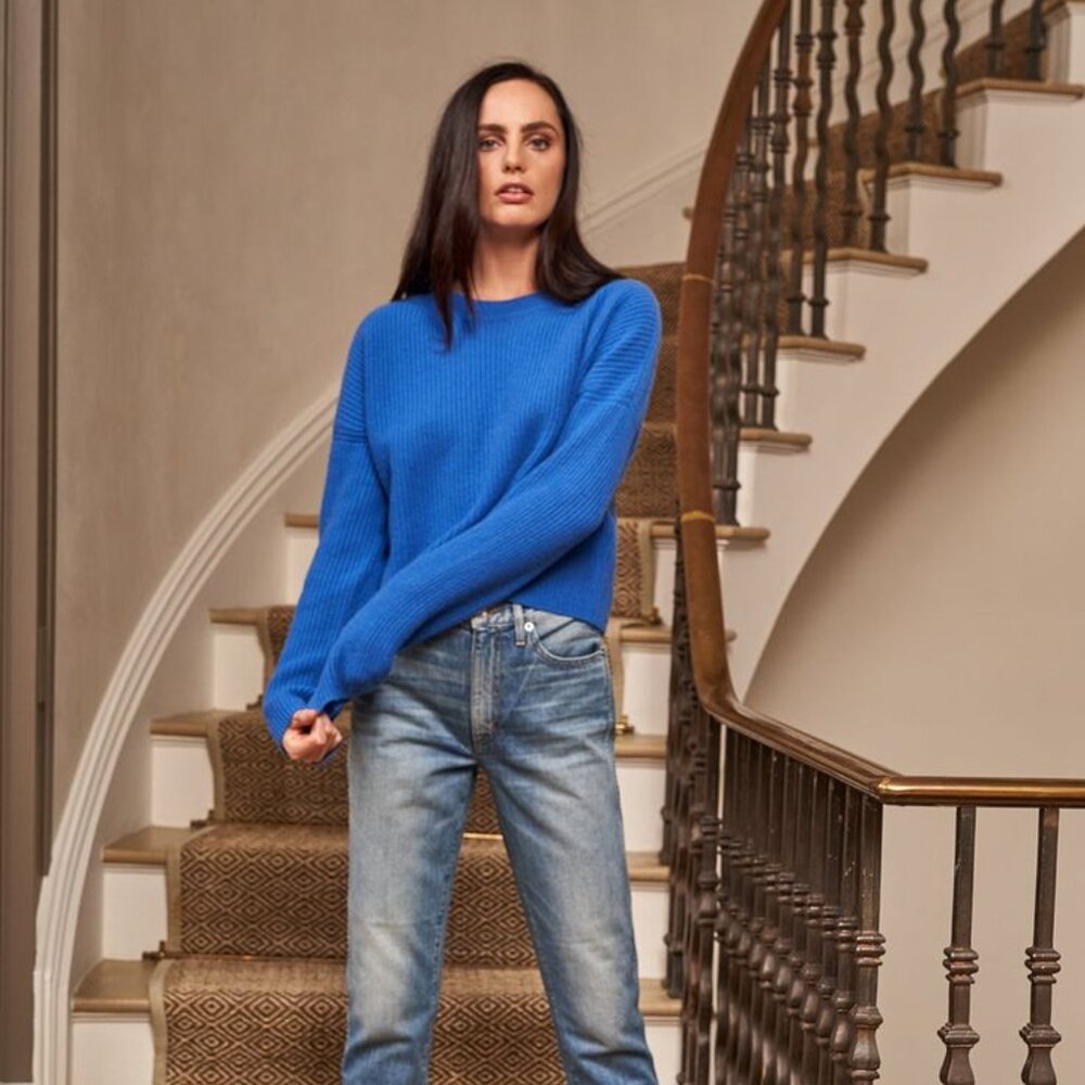 100% Cashmere Mini Toujours Cobalt Blue Ribbed Knit Sweater